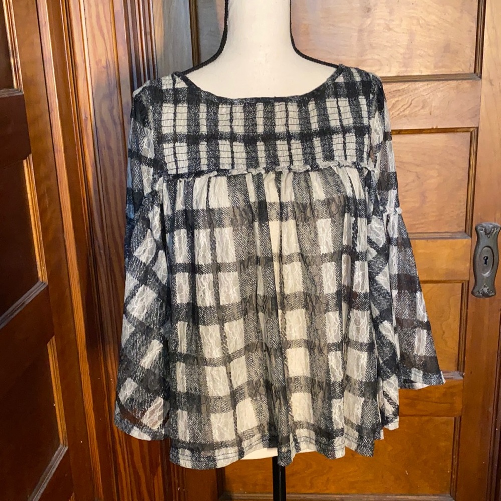 Sheer black and white half-smocked peasant blouse